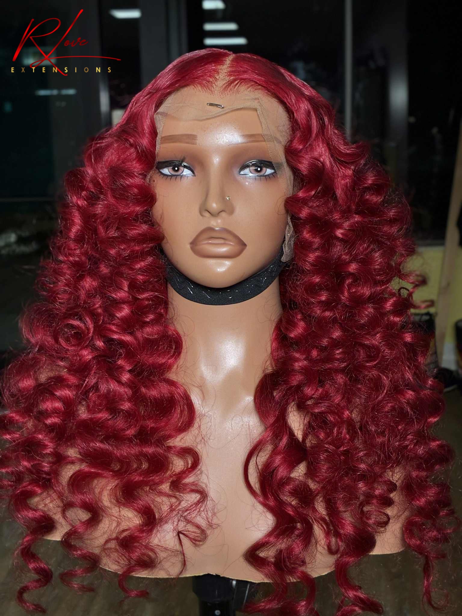 28” Bright Red Middle Part Wand Curled Ready-To-Wear Wig